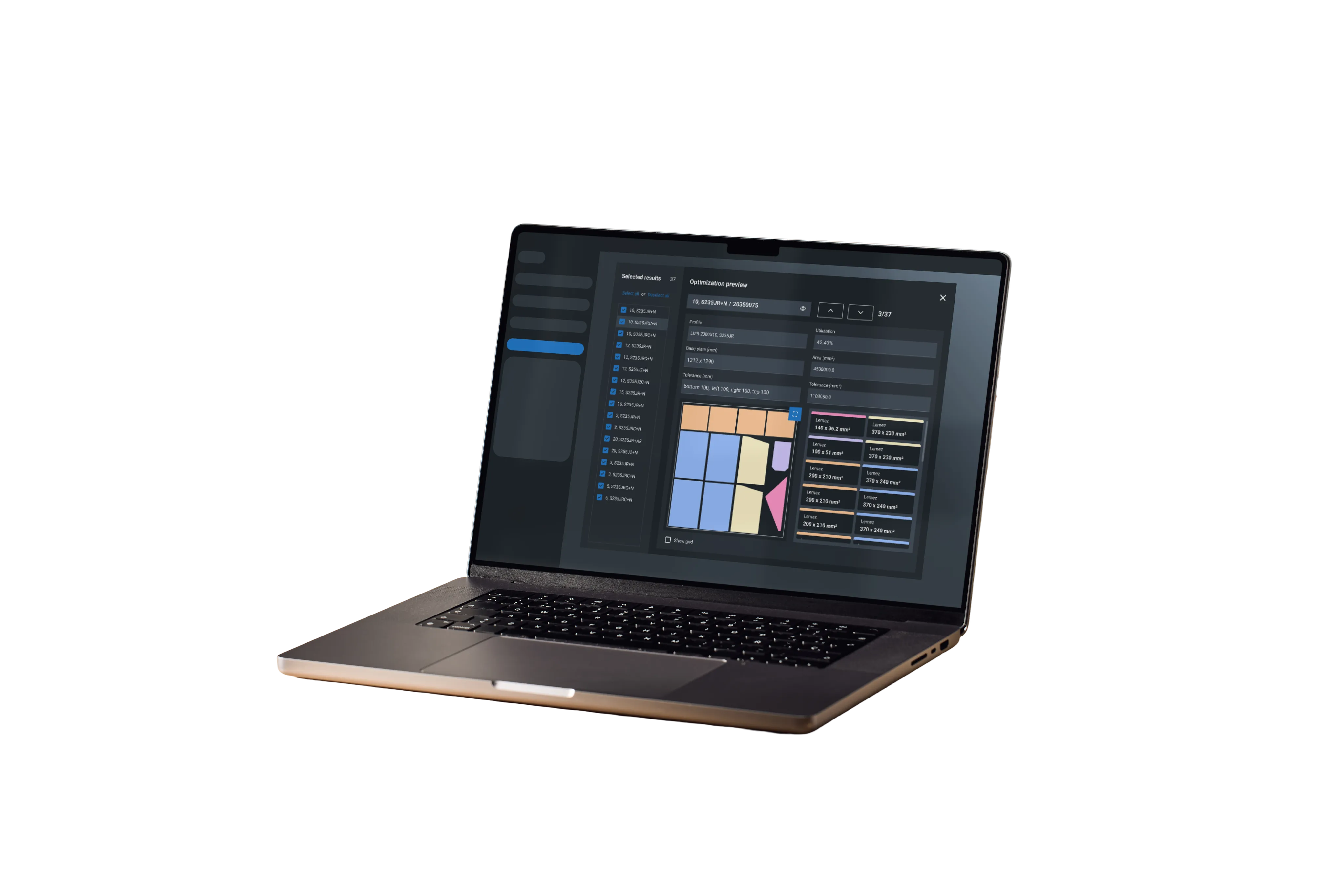 OnStock nesting optimization interface on a laptop