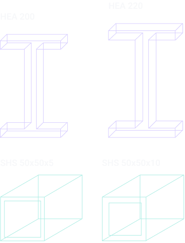 HEA 200, HEA 220, and SHS hollow section profiles compared side by side